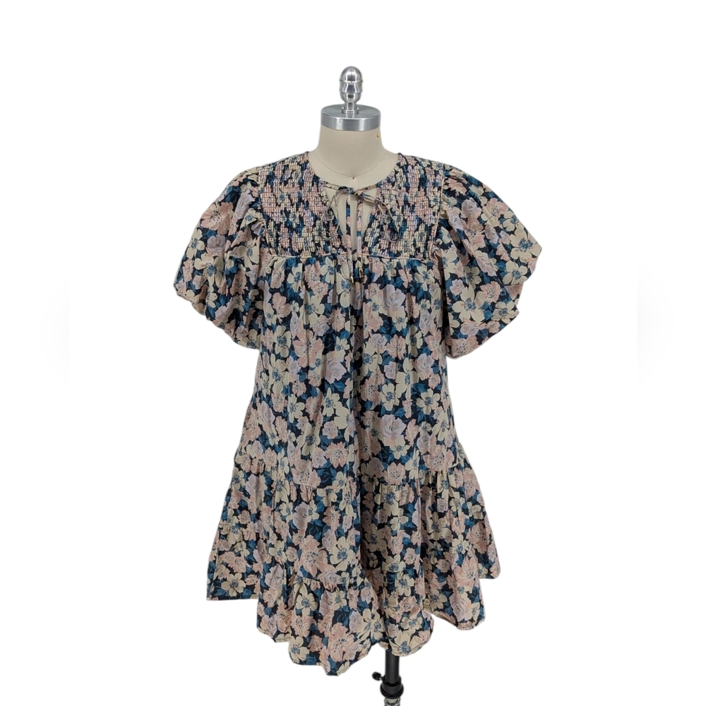 00290 Entro Floral Balloon Sleeve Mini Dress Pink size Medium bohemian casual